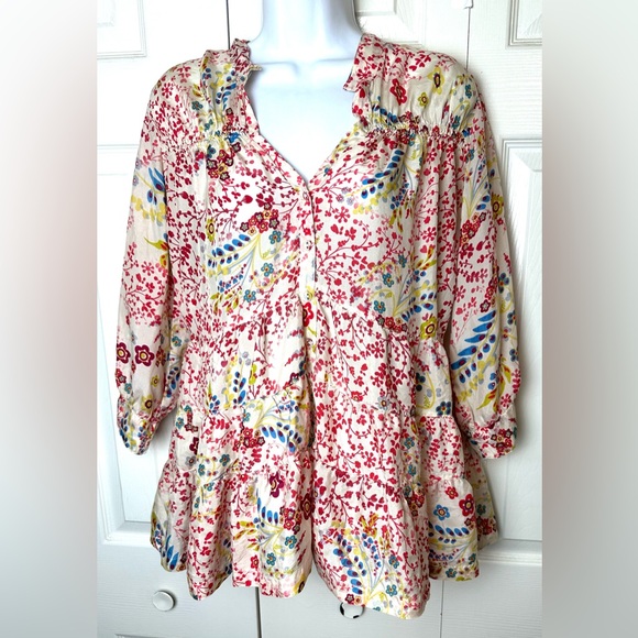 SUNDANCE Catalog Flower Festival Washable Silk Blouse Tiered Top Ivory Shirt - Picture 2 of 11